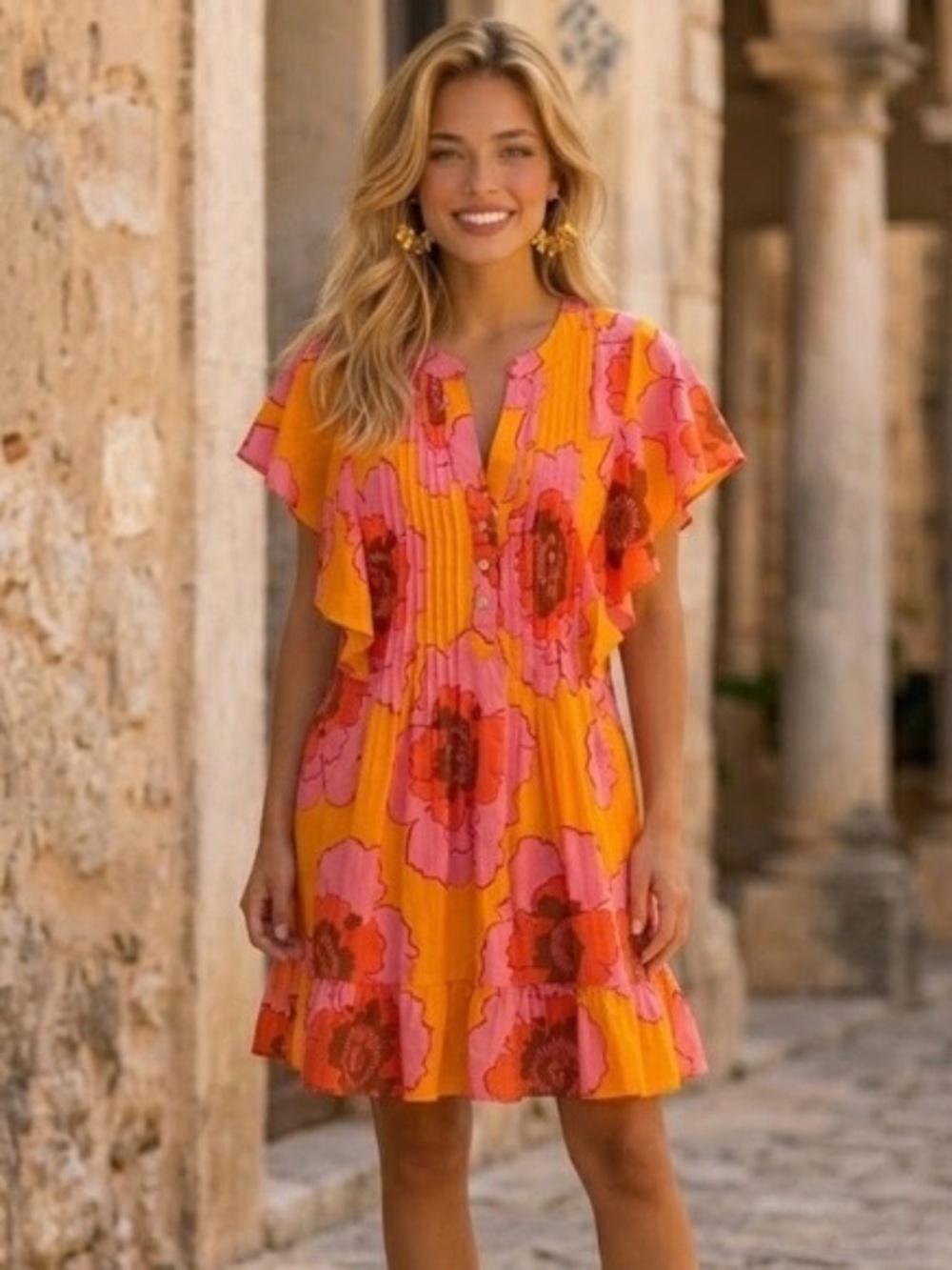 Uncle Frank Orange Floral Short Dress with Pink Accents